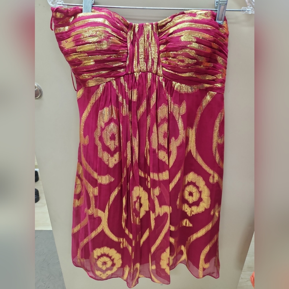 Oleg Cassini Strapless Silk Chiffon Burgundy Gold Metallic Lame Mini Dress 6 Nwt